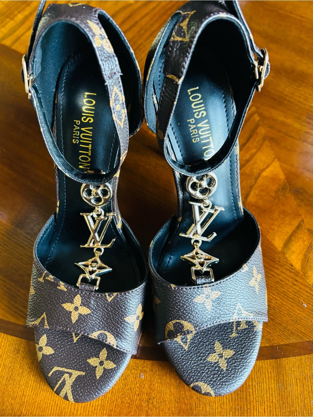 Louis Vuitton Brown Monogram T-Strap Heels with Gold Hardware